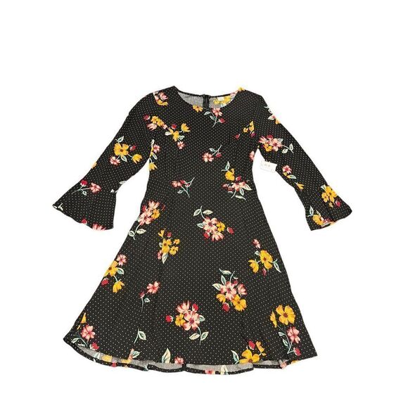 Old navy XS black floral polka dots bell sleeve mini fit and flare dress - Picture 1 of 6